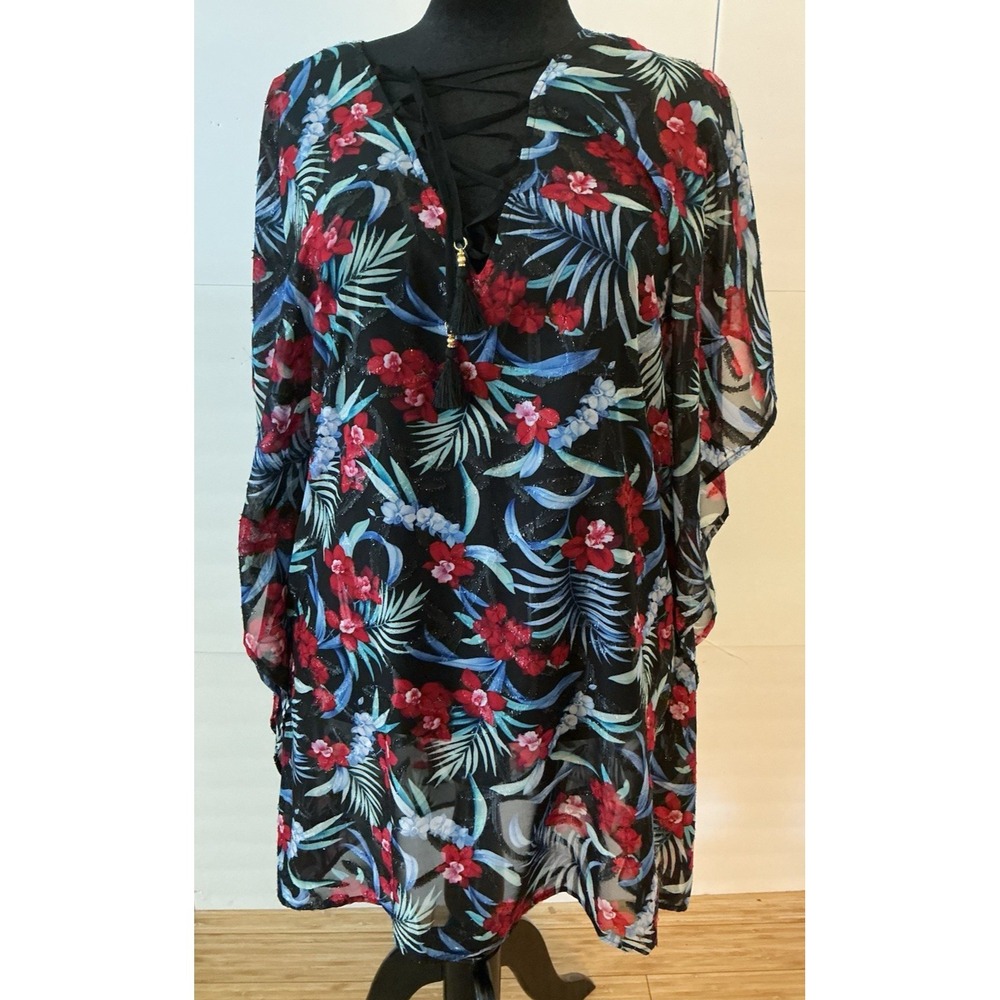 Tommy Bahama Women's Sz L- XL Sheer Floral Sparkle Caftan Cover Up Topper